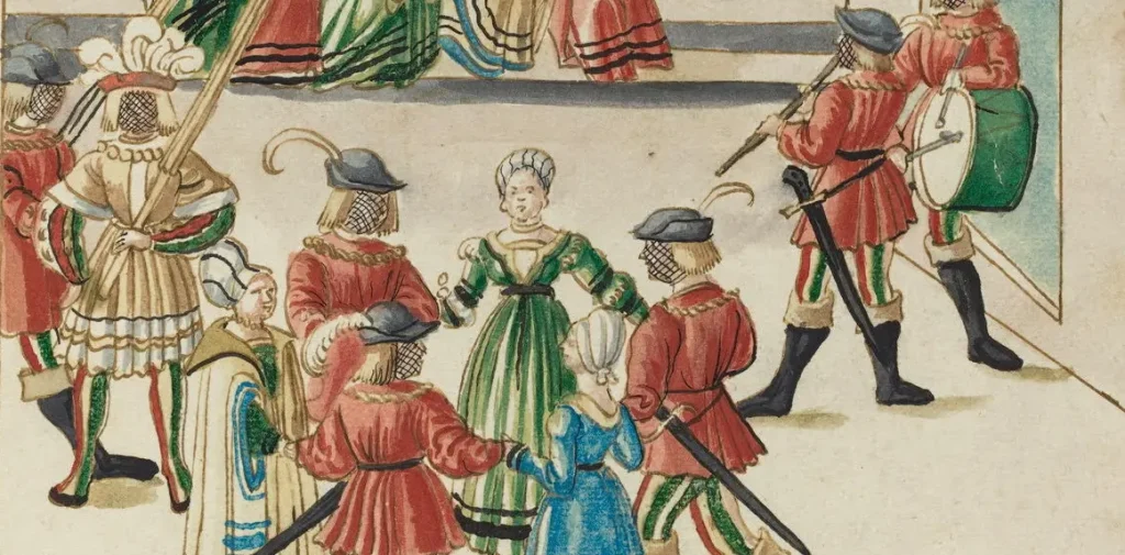 German 16th Century, Three Couples in a Circle Dance, c. 1515, pen and brown ink with watercolor on laid paper, Rosenwald Collection 1964.8.1767